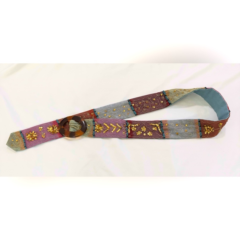 Embroidered Sequins Multicolor Belt with Tortoise Shell Buckle